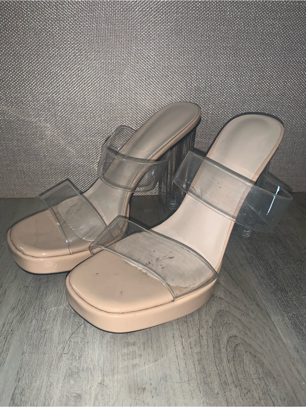 Nude Platform Clear Strap Block Heel Sandals - Women's worn once on stage